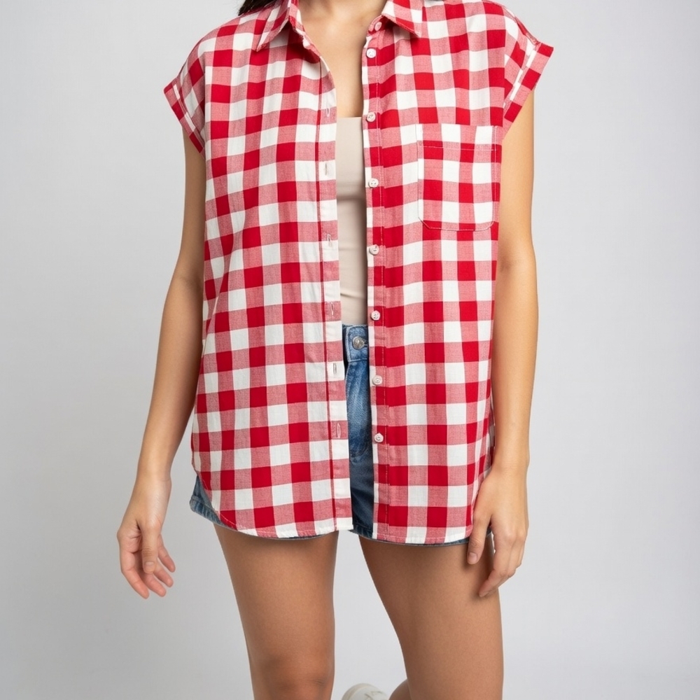 Red & White Gingham Button-Down Shirt - Casual Kids Topbin 07